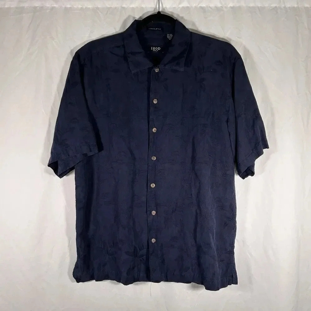 IZOD Golf Shirt Mens Medium Black Floral Silk Linen Blend Button Up